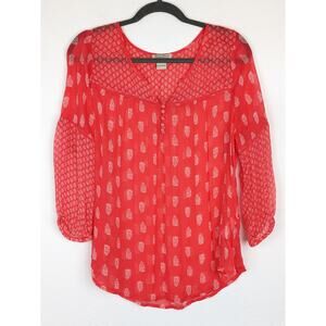 Lucky Brand Top Blouse Floral Sheer Boho Spring Summer Orange Red Size M